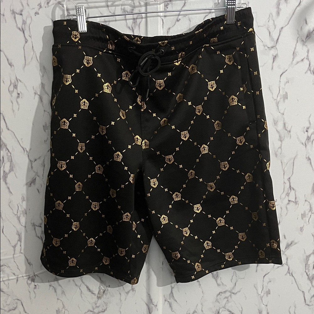 Black Swim Board Shorts with Gold Crest Print